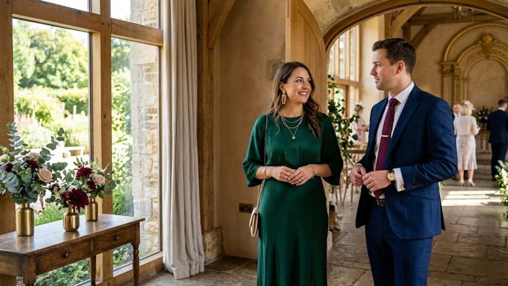 Image of Women Wearing Green Dress With Gold Jewelry
