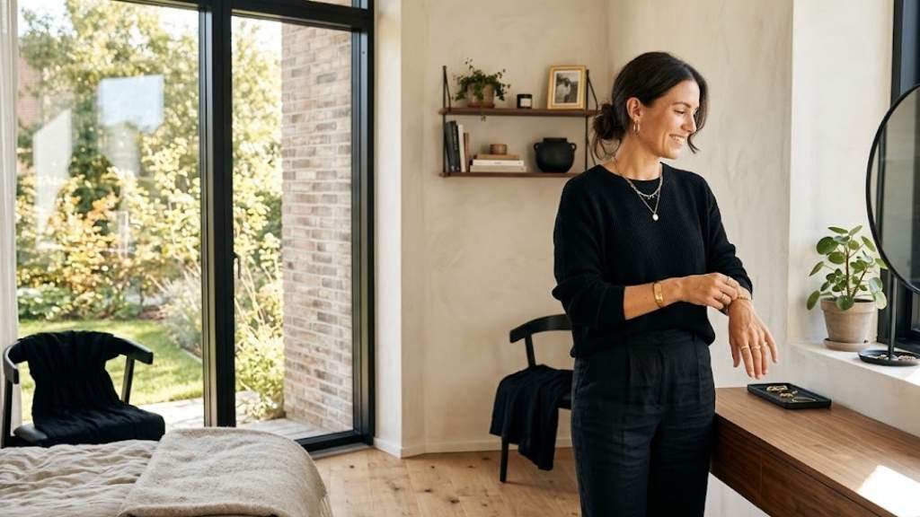 Image of a Women wearing Black Dress With Gold Jewelry