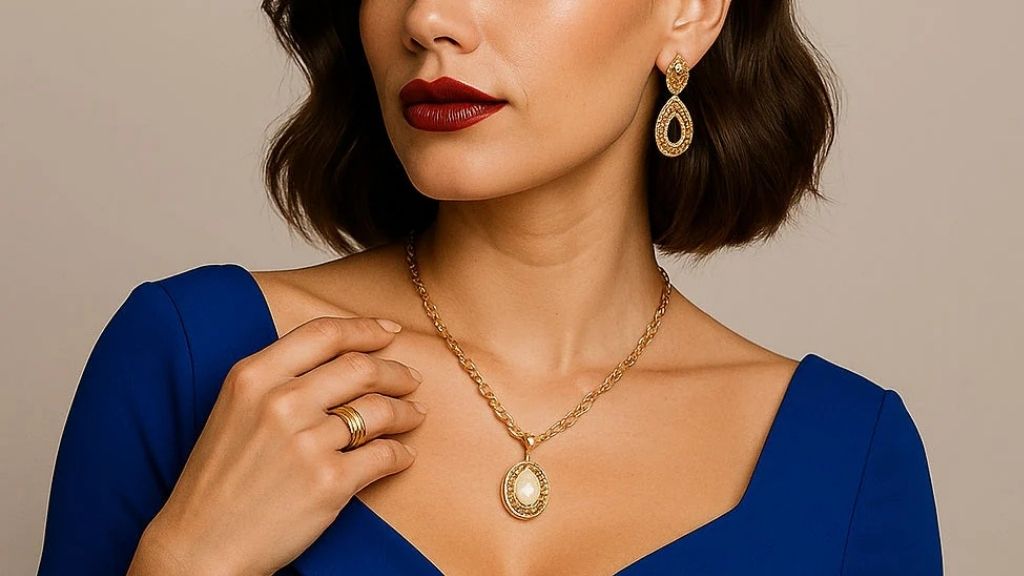 Image of a Women wearing Blue Dress With Gold Jewelry