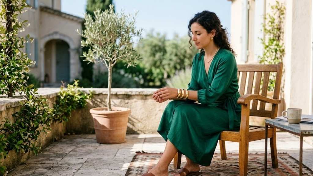 Image of a Women wearing Emerald Green Dress With Gold Jewelry