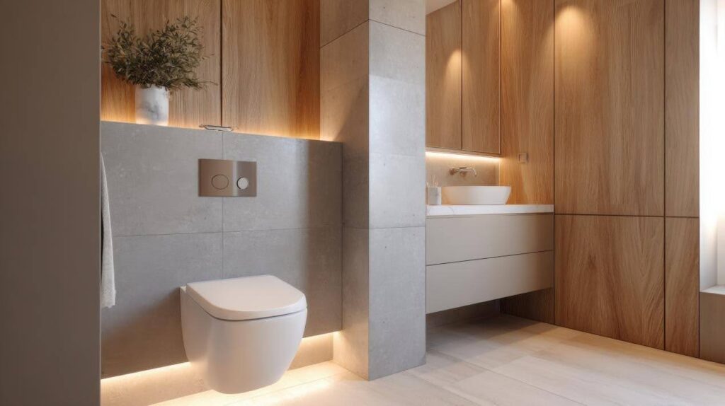 Wooden plus tile look bathroom