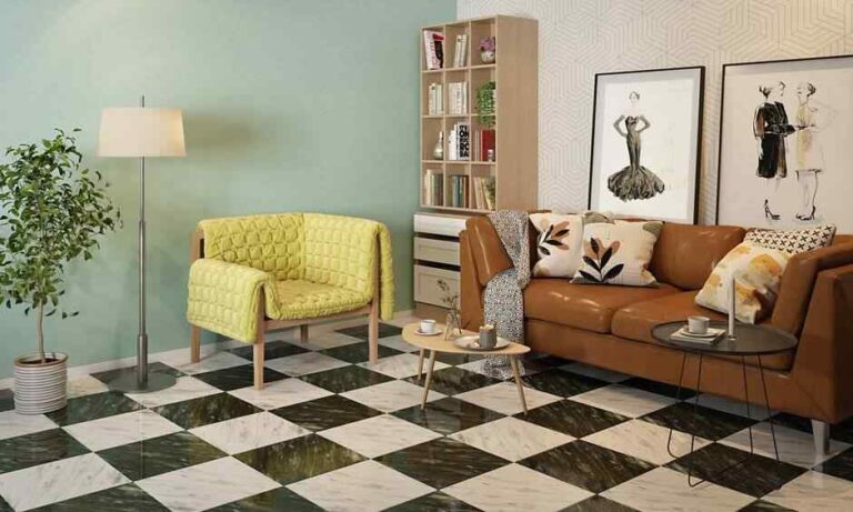 A Complete Guide to Mosaic Floor Tiles for Your Home a-contemporary-living-room-design-featuring-a-bold-black-and-white-checkered-floor-and-tan-leather-sofa-is-paired-with-light-green-armchair