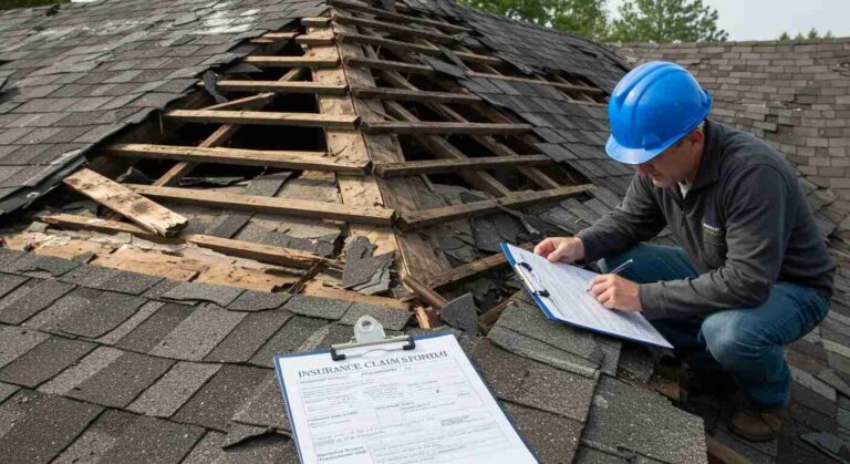 Understanding Insurance and Liability in Strata Roof Repairs a-man-holding-a-clipboard-and-pen-appearing-to-take-notes-or-fill-out-a-report-likely-for-an-insurance-claim-or-repair-estimate