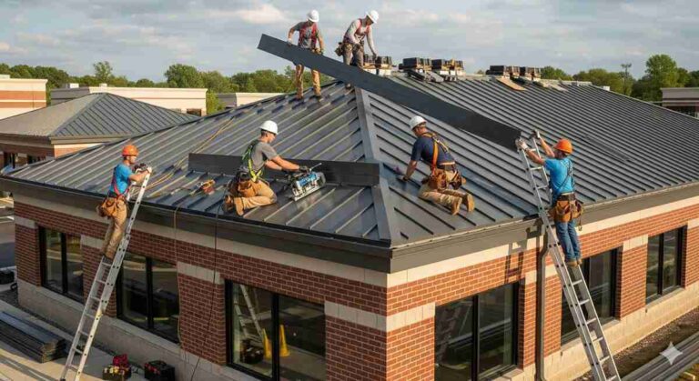 workers-are-shown-on-a-dark-grey-or-black-metal-roof-using-tools-and-ladders-to-secure-long-naarrow-metal-panel
