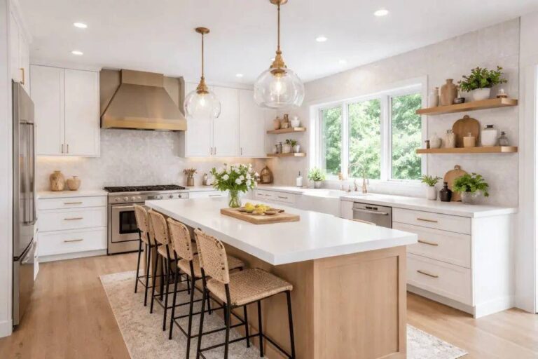 Eco-Friendly Kitchen Renovations: Materials and Budget Tips modern-bright-kitchen-featuring-a-large-central-island-with-a-white-countertops-and-seating-for-four-barstools
