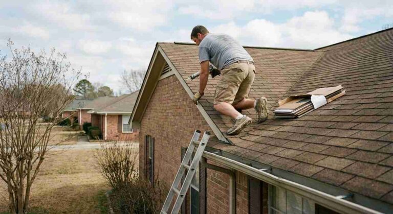 The Unfiltered Nationwide Roof Replacement Cost Guide the-selected-region-shows-a-man-working-on-the-roof-of-a-single-story-brick-house