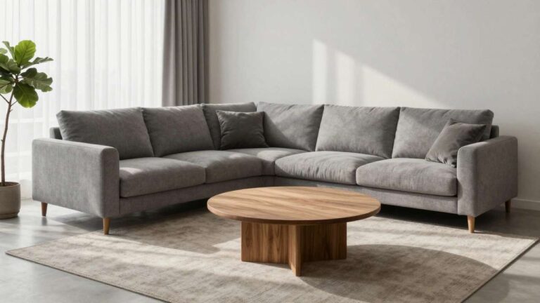 Coffee Table Design Rules: Proportion, Height, and Sofa Matching a-large-modern-light-gray-L-shaped-sectional-sofa-with-round-wooden-coffee-table