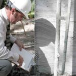 a-man-wearing-a-white-construction-hard-hat-and-kneeling-down-close-to-a-concrete-or-structural-wall-and-looking-at-a-document-held-in-his-hands