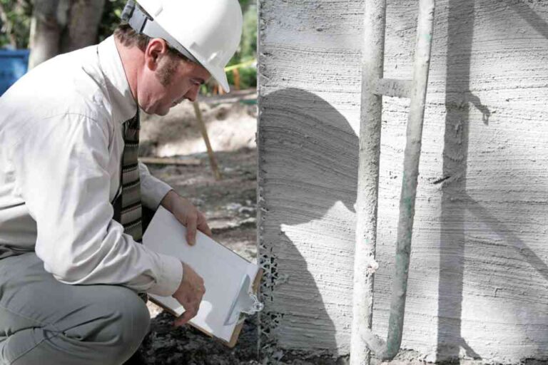 Structural Integrity Checklist: What to Look for in Home Foundations & Framing a-man-wearing-a-white-construction-hard-hat-and-kneeling-down-close-to-a-concrete-or-structural-wall-and-looking-at-a-document-held-in-his-hands