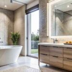 a-modern-bathroom-features-bathtub-serves-as-the-rooms-central-focal-point-set-against-a-backdrop-of-textured-wall-tiles