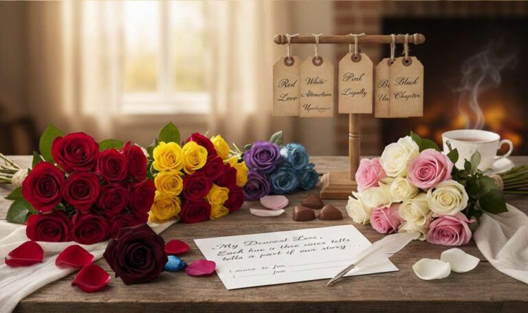 a-various-colored-roses-arranged-on-a-light-grey-surface