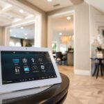a-white-bezel-tablet-interface-sits-angled-on-a-curved-dark-countertop-its-display-features-a-grid-of-colorful-menu-icons-for-managing-integrated-home