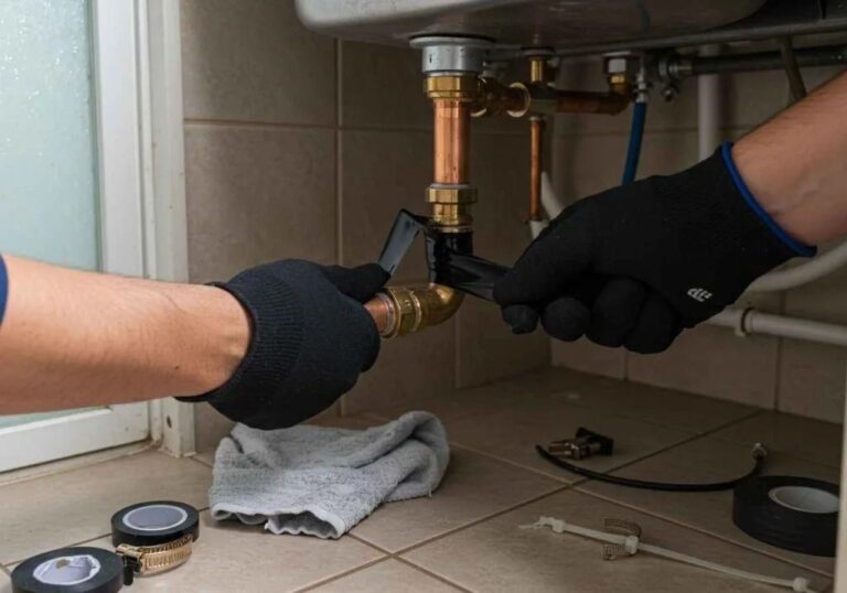 plumber-is-wearing-black-protective-gloves-with-blue-trim-applying-specialized-black-pipe-repair-tape-to-a-golden-colored-pipe