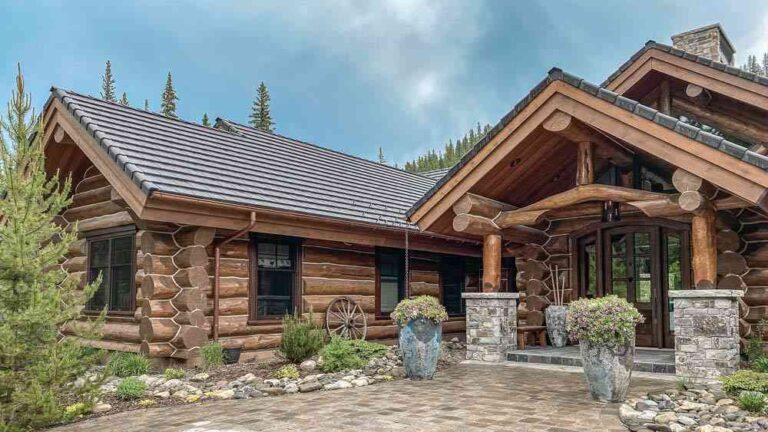 the-house-built-with-massive-dark-stained-horizontal-round-logs-it-features-multi-tiered-gable-roof-with-heavy-timber