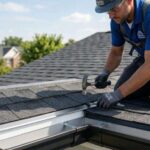 the-roofer-is-kneeling-on-a-dark-asphalt-shingled-roof-using-a-hammer-to-secure-materials