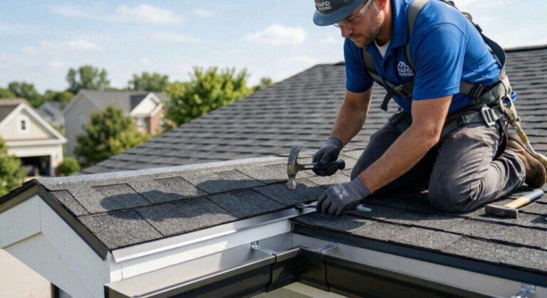 the-roofer-is-kneeling-on-a-dark-asphalt-shingled-roof-using-a-hammer-to-secure-materials