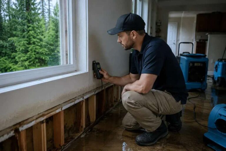 Why Is Escape of Water the UK’s Most Common Home Claim? a-professional-water-damage-restoration-technician-crouched-inside-a-home-and-holding-handheld-moisture-meter