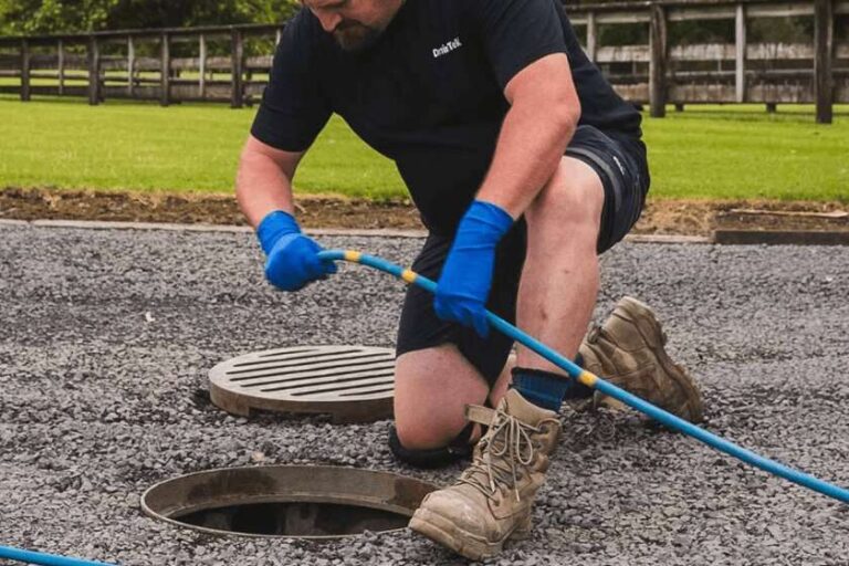 Your Stormwater Drain Looks Clear From Above – Why It’s Still Blocked Underneath the-individual-is-manually-feeding-or-pulling-a-long-blue-flexible-rod-or-plumbing-snake-directly-into-the-open-drain