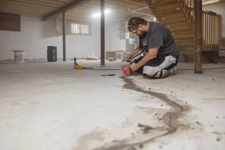 How to Choose the Right Basement Waterproofing System for Your Home a-man-wearing-safety-glasses-kneeling-on-a-concrete-basement-floor-he-appears-to-be-working-on-repairing-or-sealing-a-long-winding-crack
